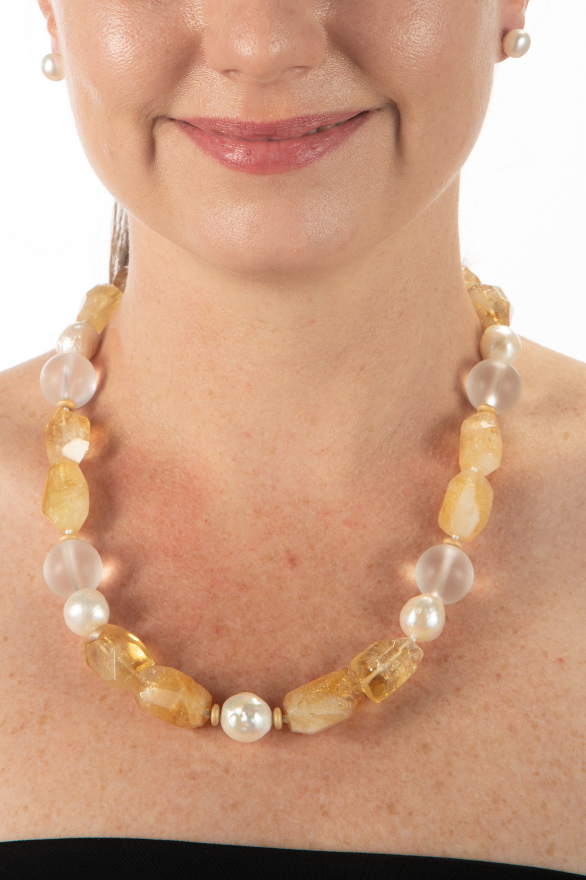 Citrine, Frosted Glass & Edison Pearl Necklace