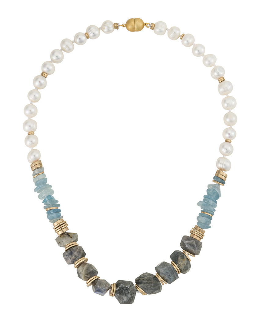 Freshwater Pearl, Aquamarine & Labradorite Necklace