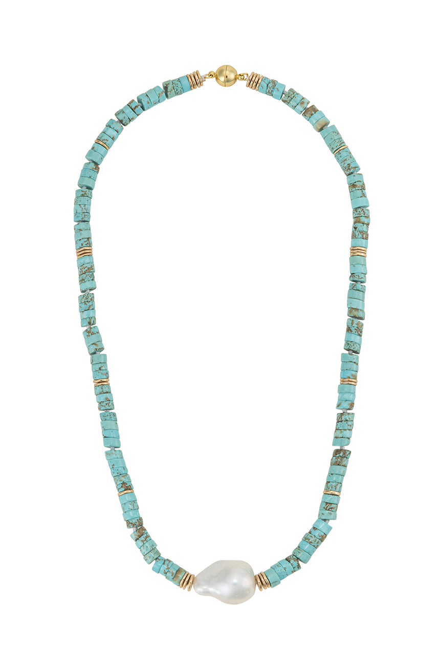 Blue Turquoise, Hematite & Biwa Pearl Necklace