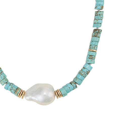 Blue Turquoise, Hematite & Biwa Pearl Necklace