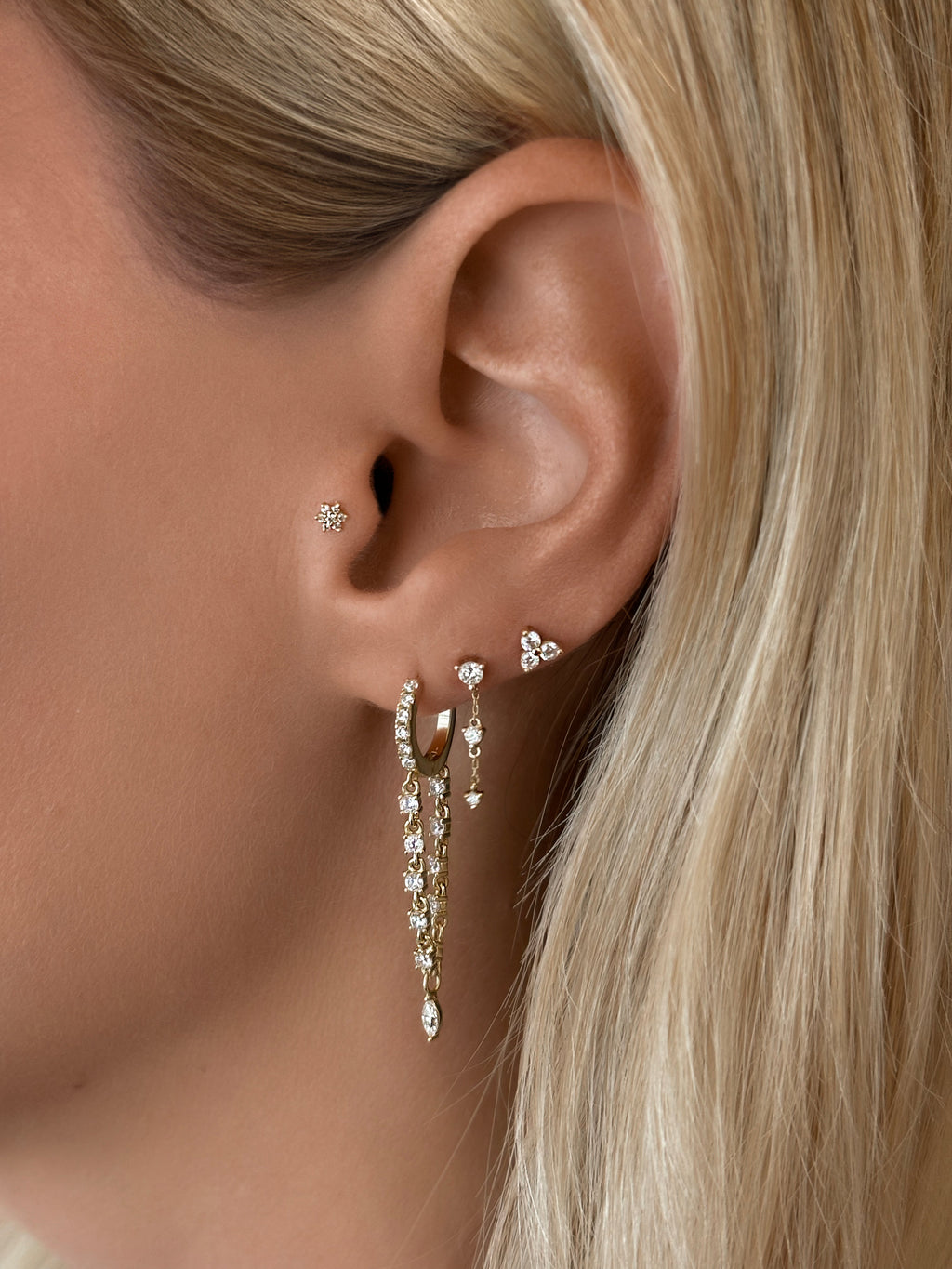 14K Gold Diamond Dangle Chain Studs