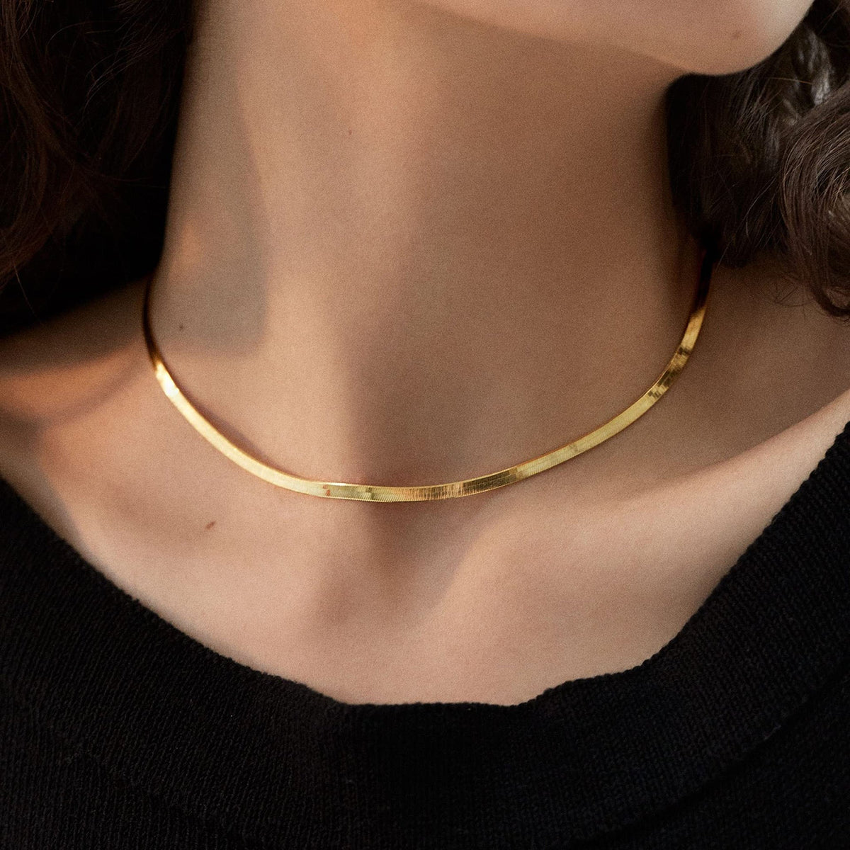 Herringbone Choker Necklace, 14K Gold Plated