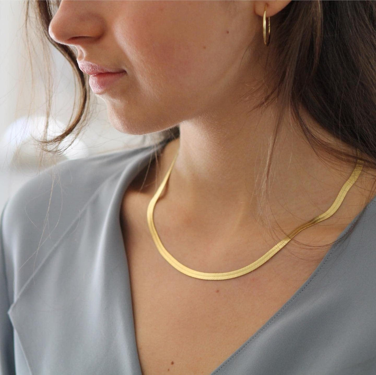 Herringbone Choker Necklace, 14K Gold Plated