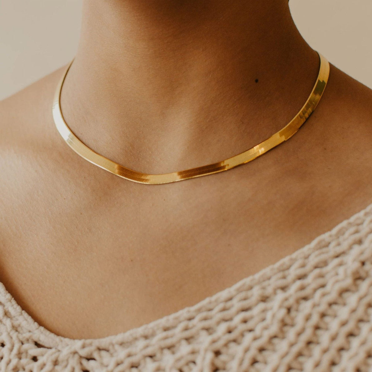 Herringbone Choker Necklace, 14K Gold Plated