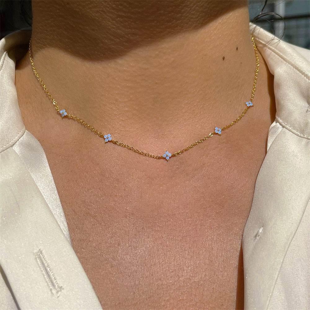 Blue Flower Pendant Necklace, 18K Gold Plated