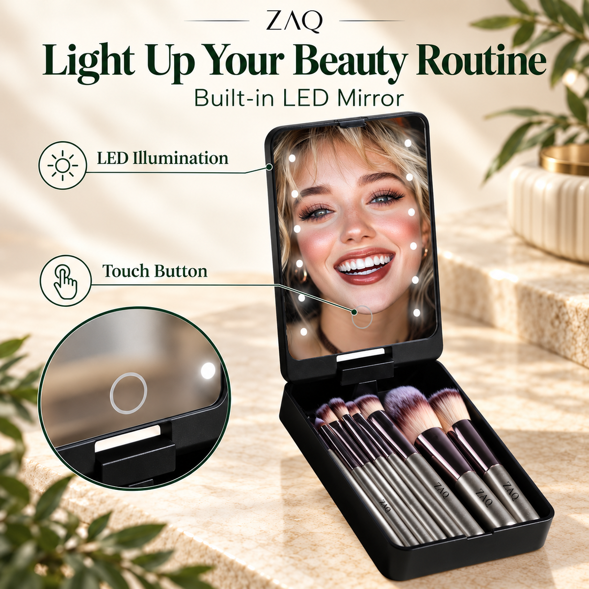 14-Piece Mini Brush Set with LED Mirror