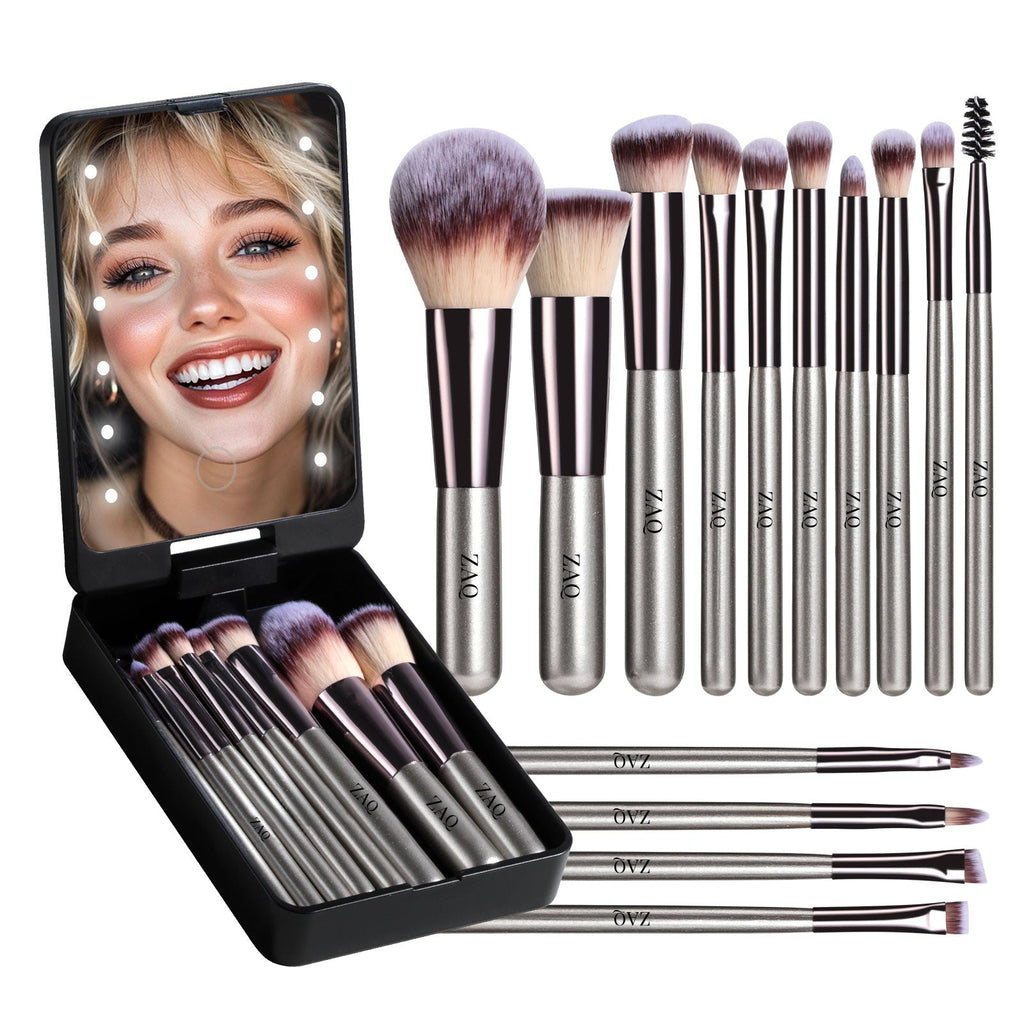 14-Piece Mini Brush Set with LED Mirror