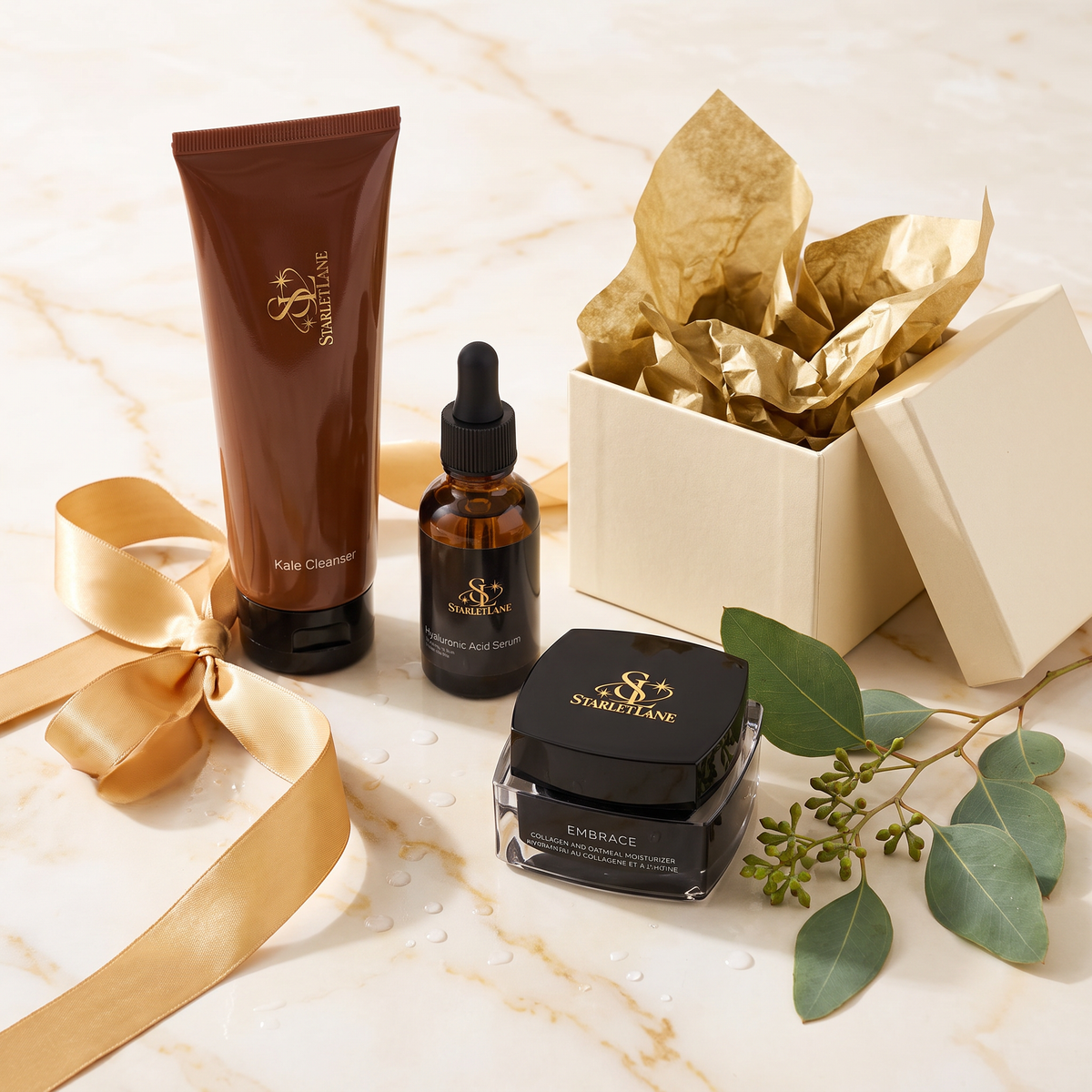 Glow Ritual skincare gift set: cleanser, hyaluronic acid serum and collagen moisturizer