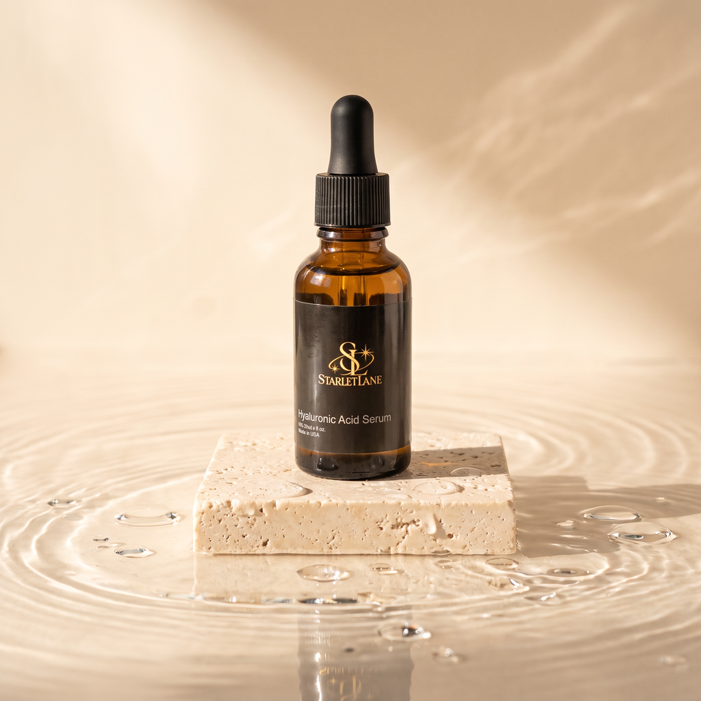 Hyaluronic Acid Serum on travertine with water ripples