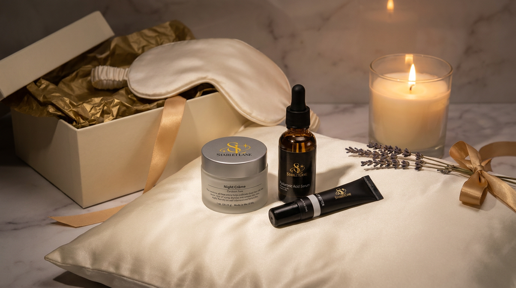 Starlet Lane Beauty Sleep Set with night creme, hyaluronic acid serum and lip butter on a silk pillow