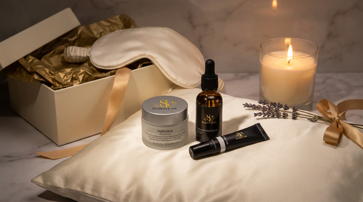 Starlet Lane Beauty Sleep Set with night creme, hyaluronic acid serum and lip butter on a silk pillow