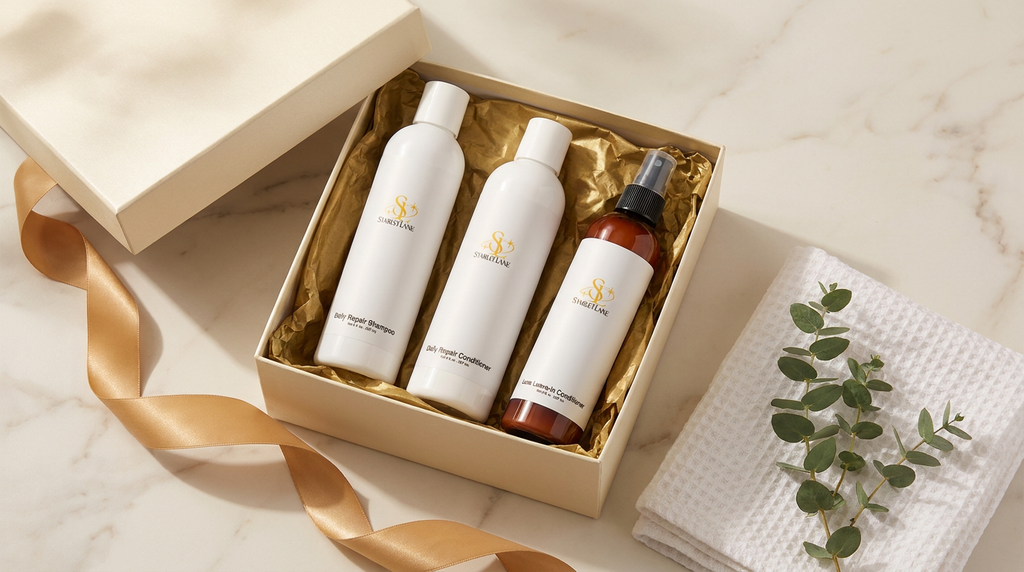 Starlet Lane Silky Hair Set gift box with shampoo, conditioner and leave-in conditioner