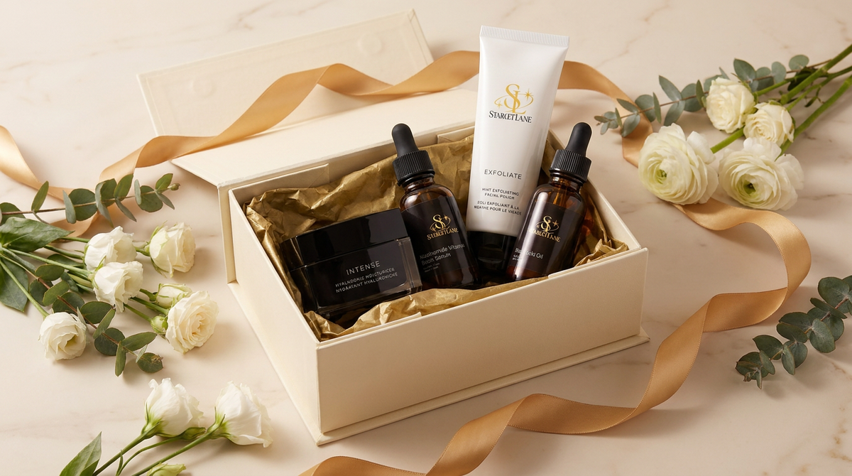 Starlet Lane Ultimate Glow Collection gift box with moisturizer, serum, face oil and facial polish