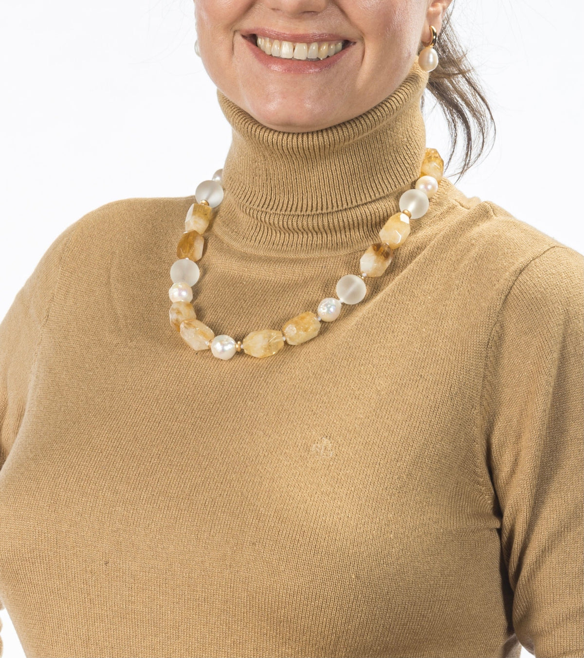 Citrine, Frosted Glass & Edison Pearl Necklace