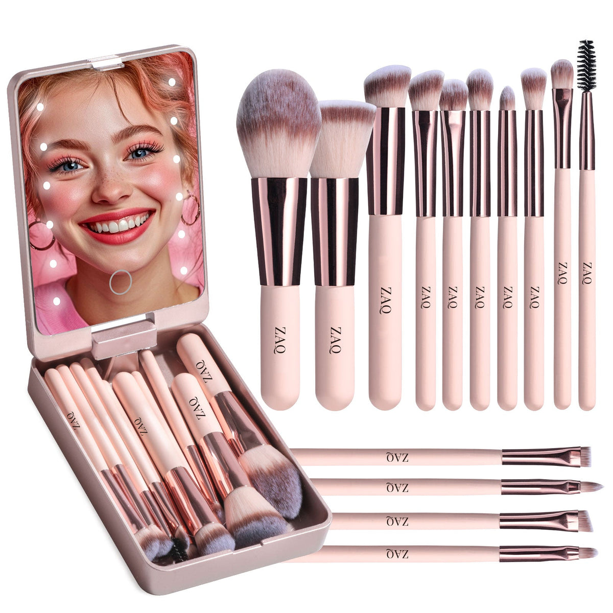 14-Piece Mini Brush Set with LED Mirror