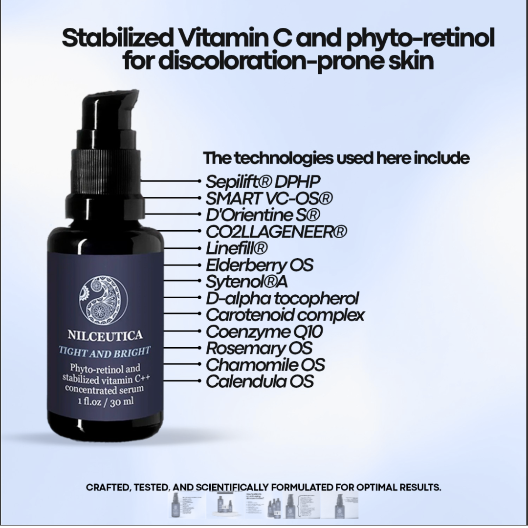 TIGHT AND BRIGHT, an Advanced Gentle Phyto-Retinol and Vitamin C Face Serum, 12 Innovative Technologies, 55% High-Performance Cosmeceuticals